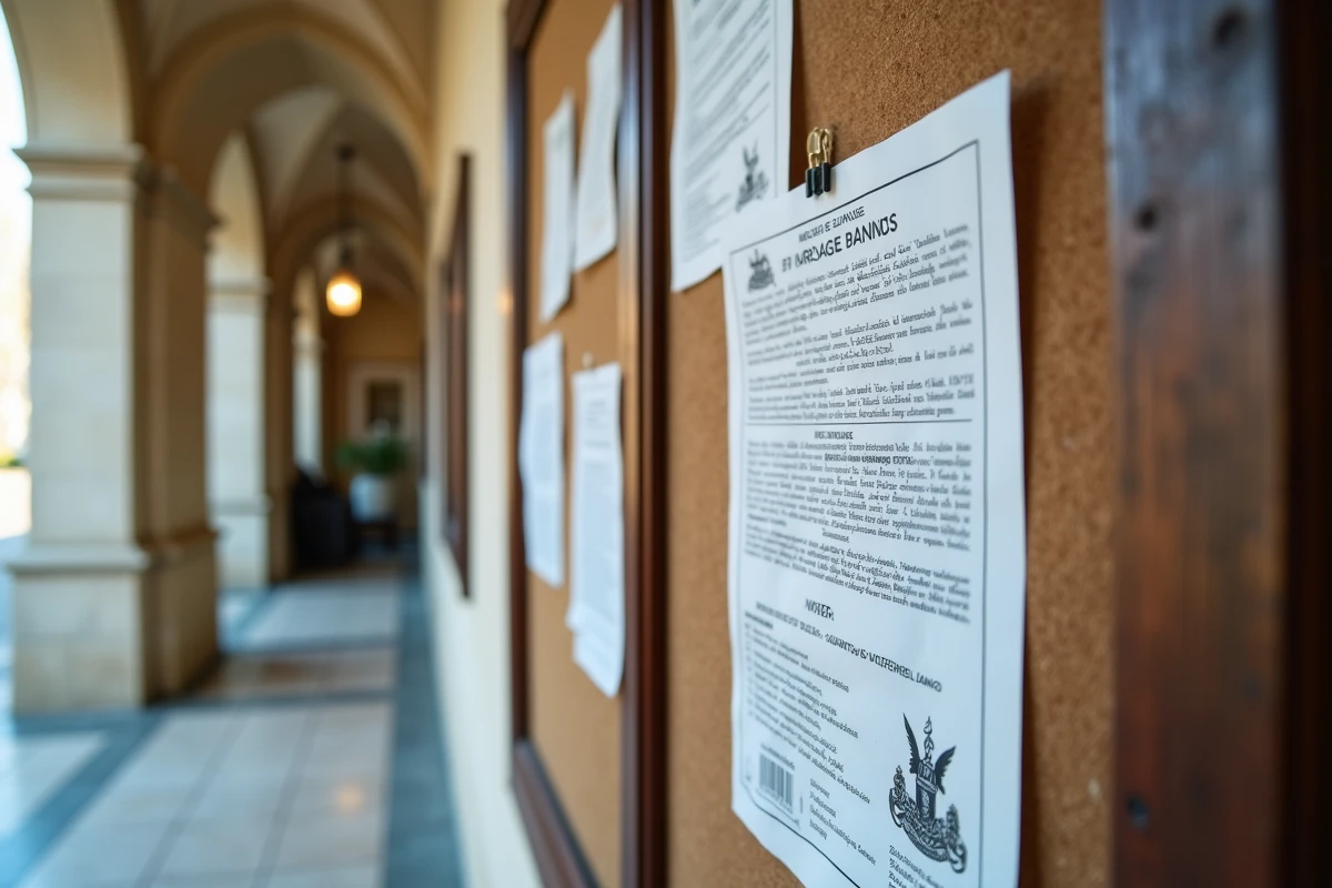 Affiche officielle de publication des bans de mariage civil affichée sur le panneau d'annonces d'une mairie française