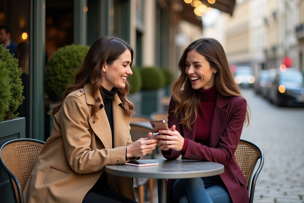 Deux amies dans un café parisien regardant un message de remerciement sur un téléphone après une invitation à dîner, souriant ensemble