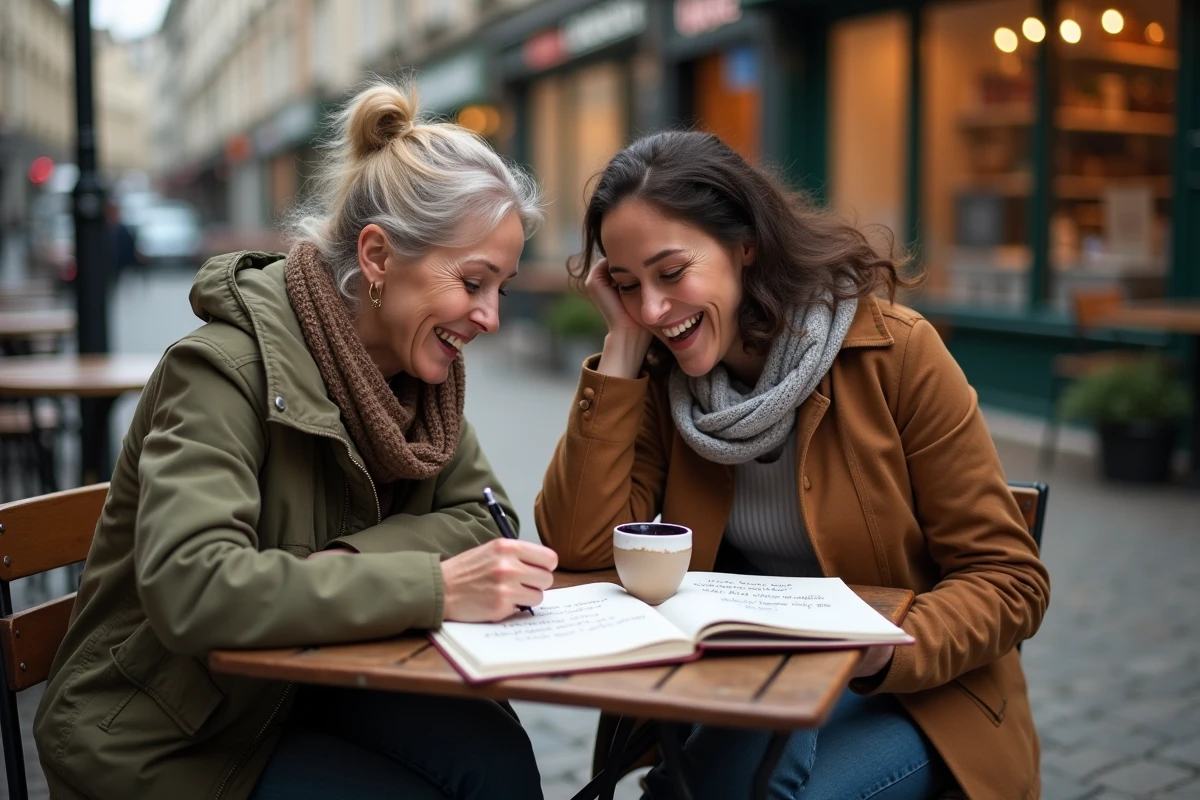 Deux amies rédigeant ensemble un message d'anniversaire de mariage humoristique en terrasse de café