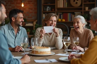 Groupe d'amis adultes riant autour d'une table lors d'une célébration d'anniversaire de mariage humoristique