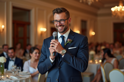 Animateur de mariage souriant en costume navy lors d'une cérémonie