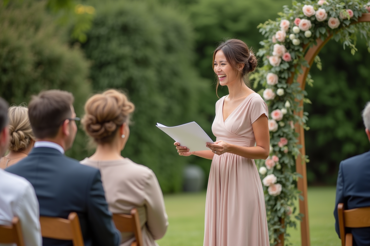 Animatrice de mariage en robe pastel partageant un rire en extérieur
