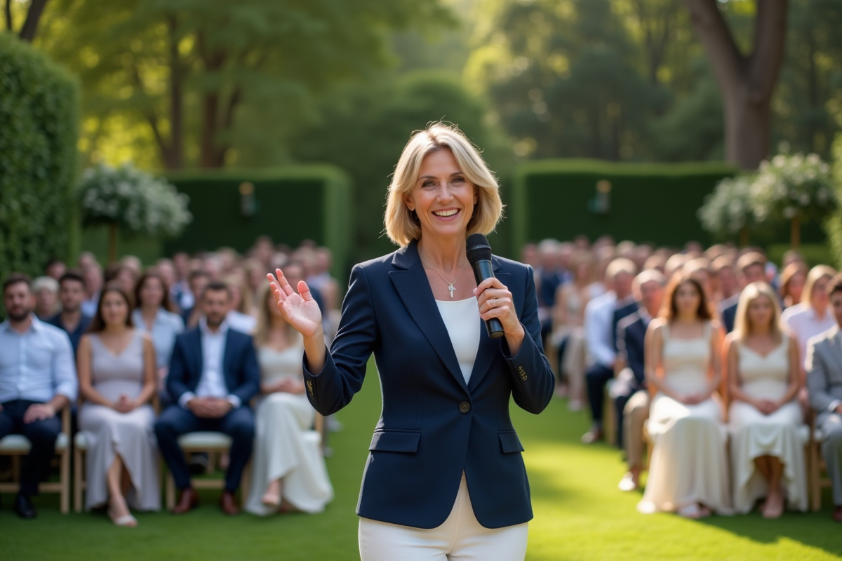 Animatrice de mariage parlant avec les invités en extérieur