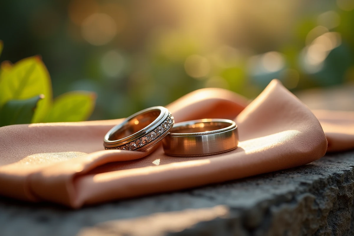 Anneaux de mariage gravés posés sur un tissu en soie bronze en extérieur