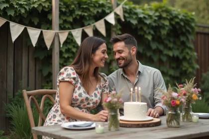 Couple fêtant 17 ans de mariage dans un jardin romantique avec décoration DIY et budget maîtrisé