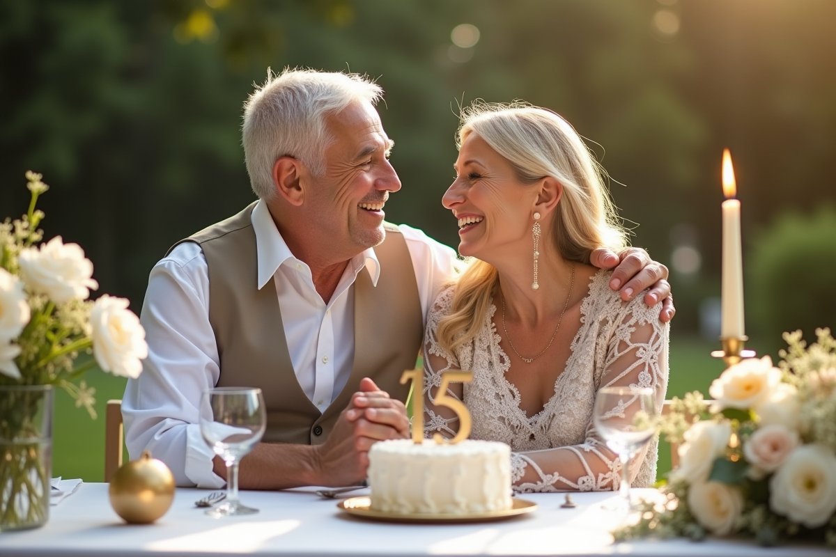 Couple mature souriant lors de leur anniversaire de mariage dans un jardin