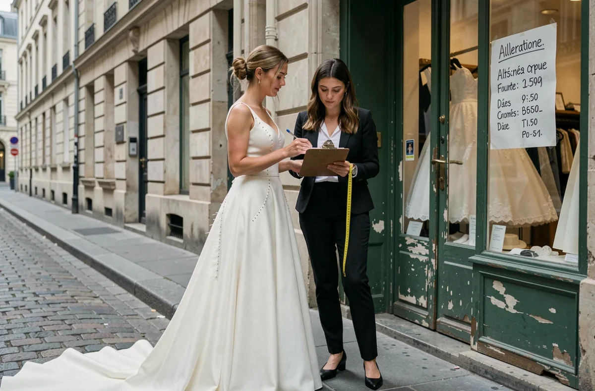 Deux femmes devant un atelier de retouches de robes de mariée abordables dans une rue parisienne