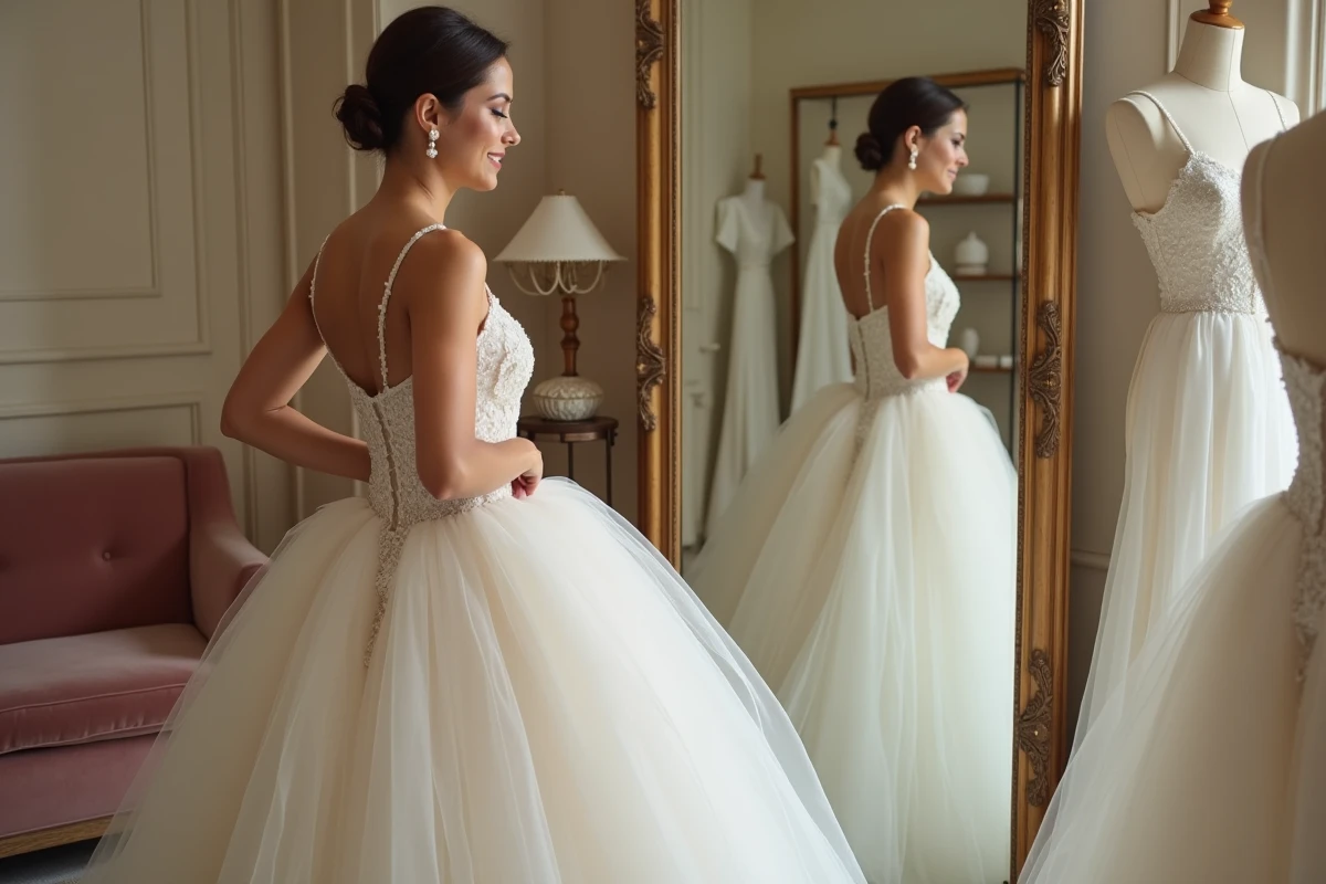 Couturière en atelier transformant une robe de mariée meringue en tenue civile chic lors d'un essayage dans une boutique élégante