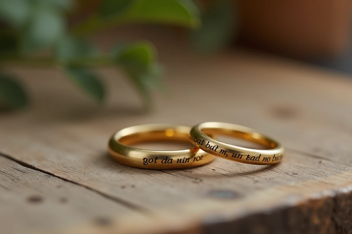 Deux bagues duo couple en or gravées côte à côte sur une surface en bois rustique, détail de l'inscription romantique en cursive
