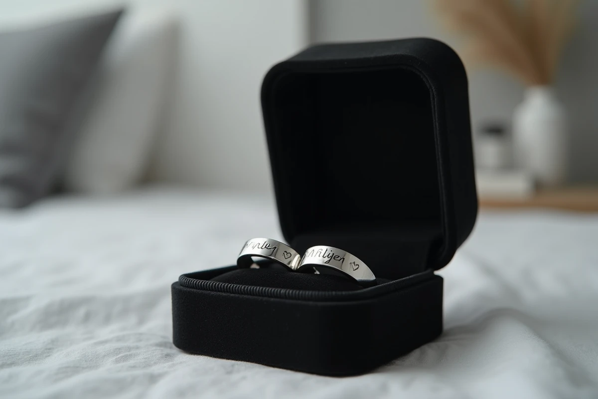 Paire de bagues duo couple en argent gravées d'initiales présentées dans un écrin en velours noir ouvert sur une coiffeuse minimaliste