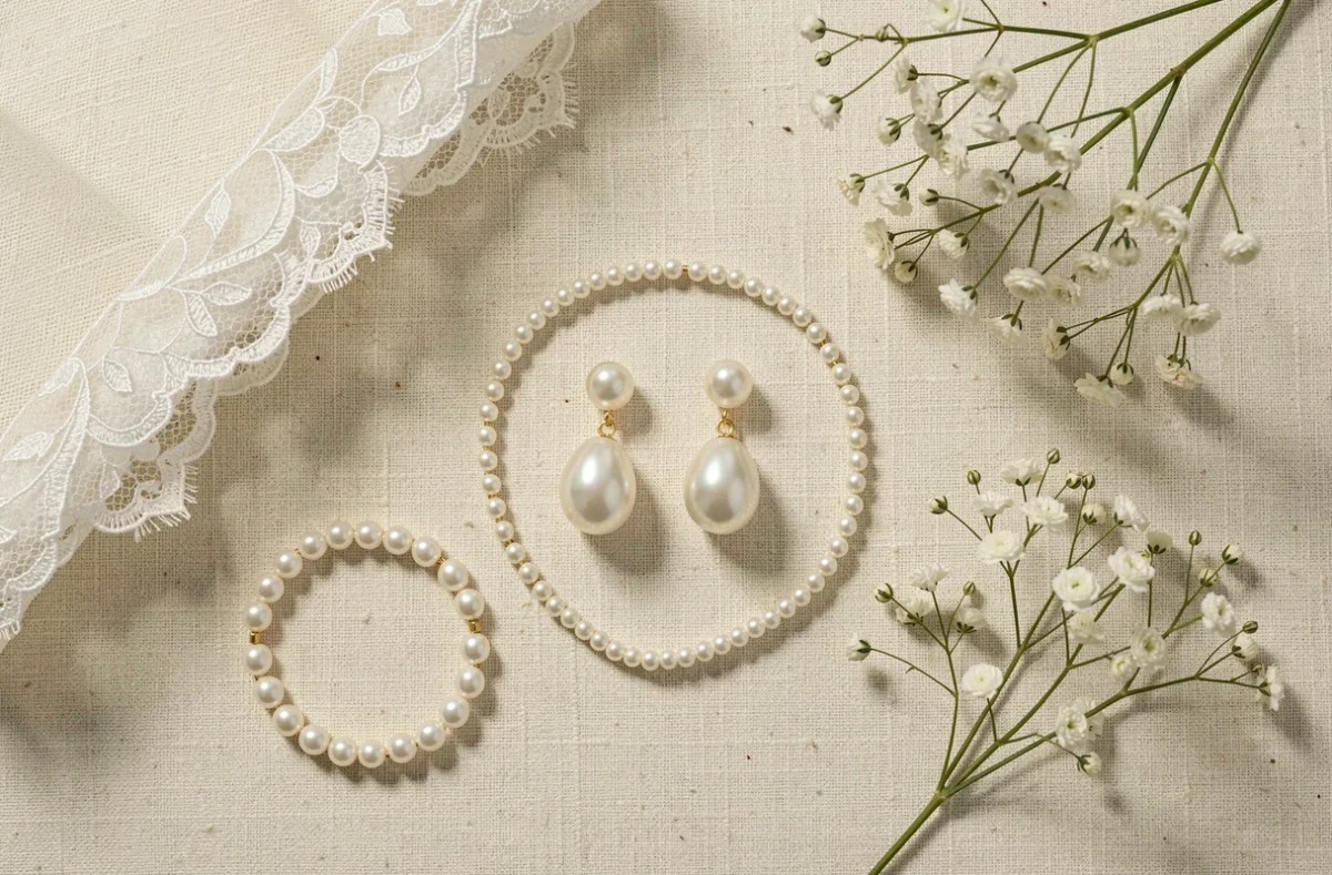 Flat-lay de boucles d'oreilles perle et accessoires de mariage coordonnés sur fond de lin crème pour la mariée