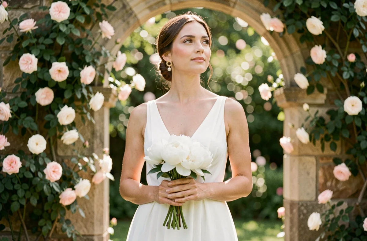 Mariée avec boucles d'oreilles perle et or dans un jardin fleuri avec arche en pierre et pivoines blanches