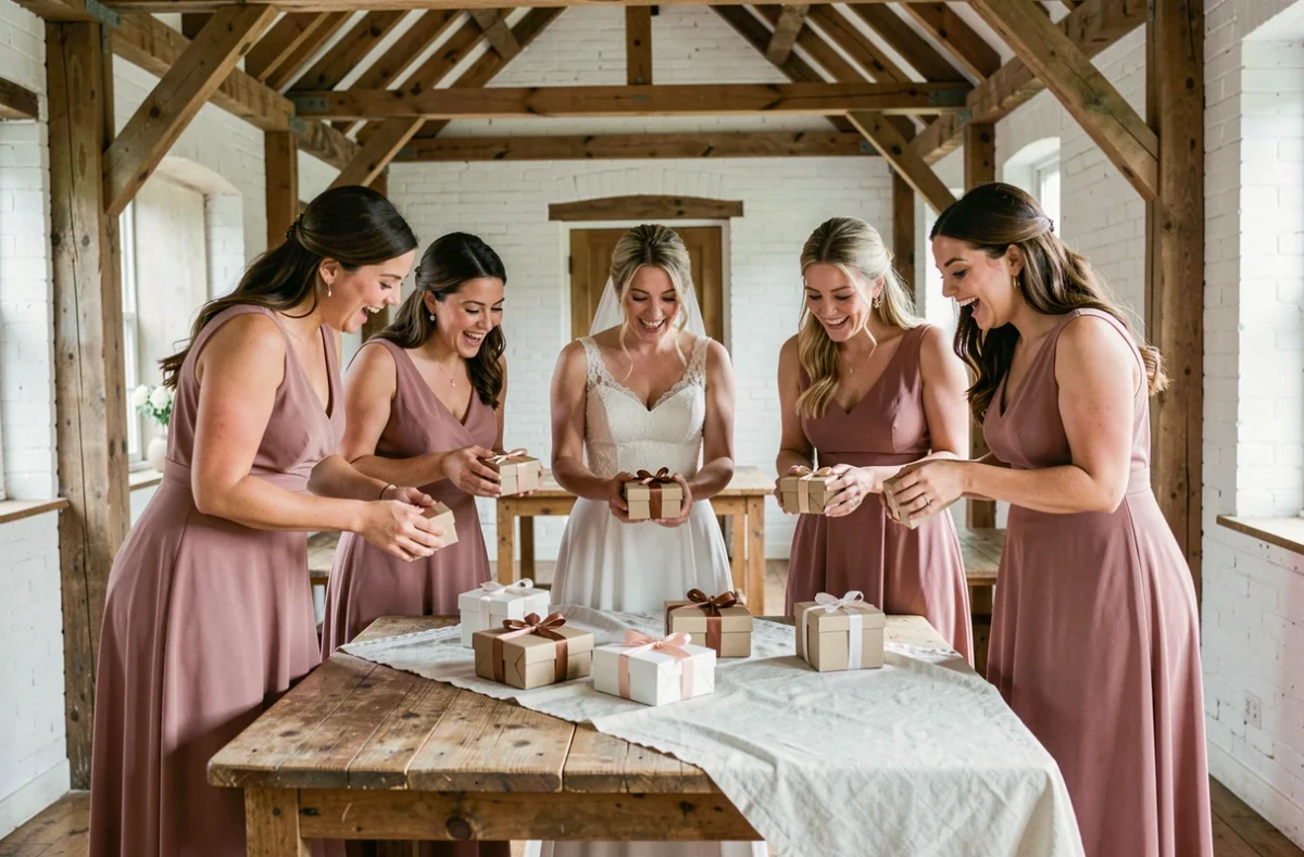 Groupe de demoiselles d'honneur et témoin de mariage échangeant des cadeaux autour d'une table en bois rustique