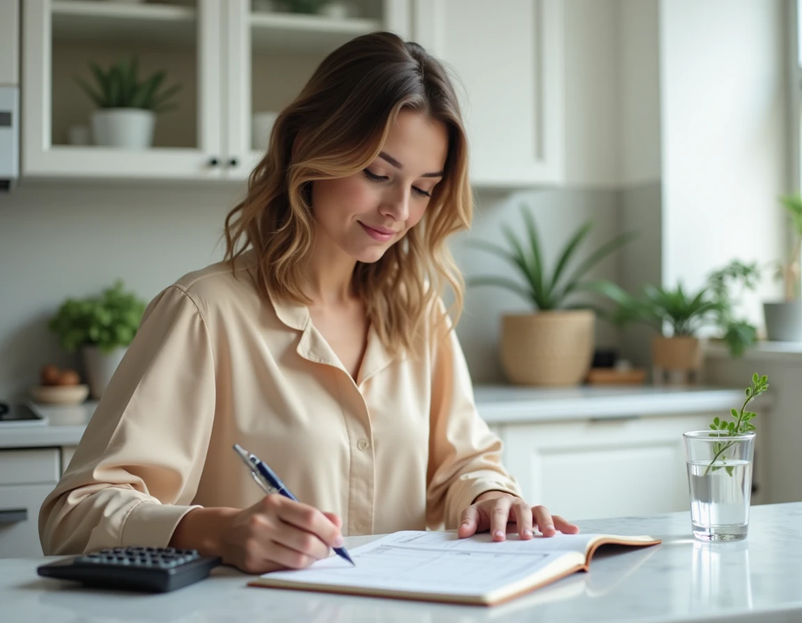 Femme calculant le budget par invité pour un vin d'honneur de mariage avec cahier et calculatrice dans une cuisine moderne