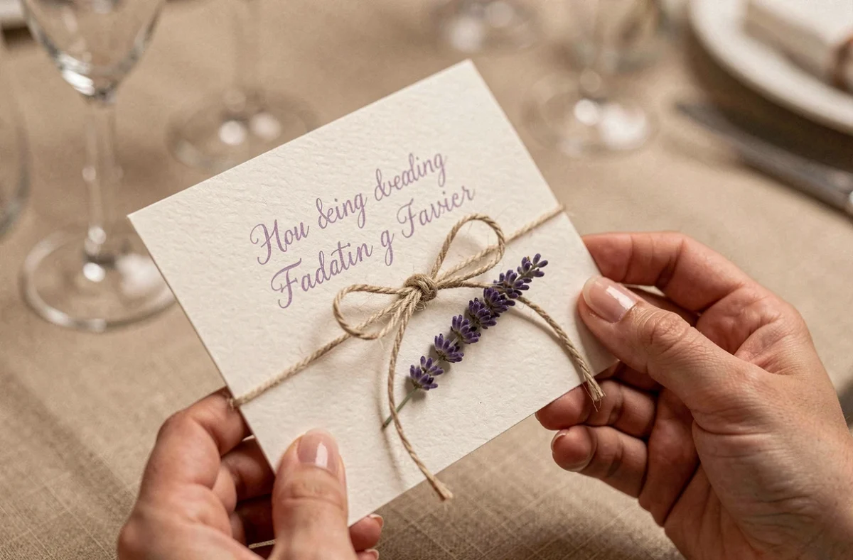 Gros plan sur une carte de remerciement en papier coton avec calligraphie et lavande séchée tenue par une invitée