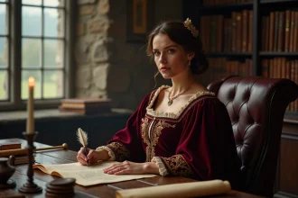 Femme habillée en costume Tudor de l'époque de Catherine Parr, assise à un bureau en chêne avec parchemins et plume d'oie dans un décor de château médiéval