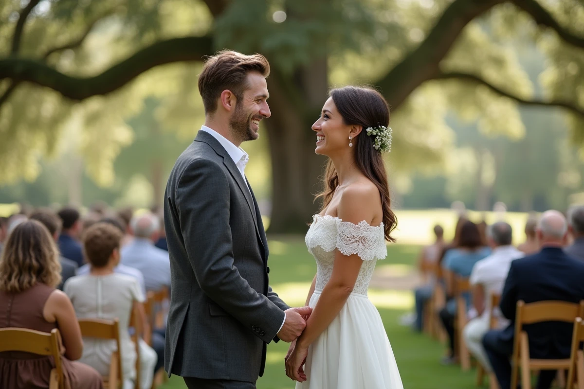 Couple échangeant leurs vœux lors d'un mariage laïque en plein air dans un jardin verdoyant