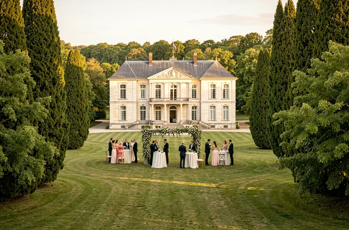 Château d'Alteville en Moselle entouré de son parc à l'anglaise avec mise en scène de réception de mariage