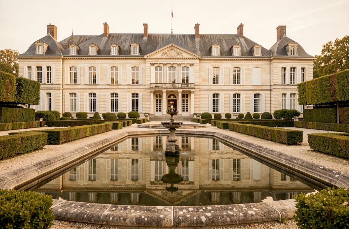 Château de Pange en Moselle avec son jardin à la française et son bassin ornemental