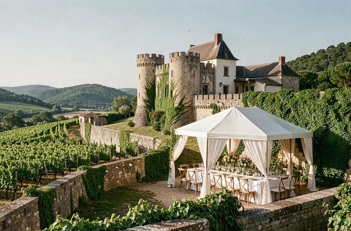 Château Guilhem perché sur une colline entourée de vignes avec une tente de réception élégante dressée dans son enceinte