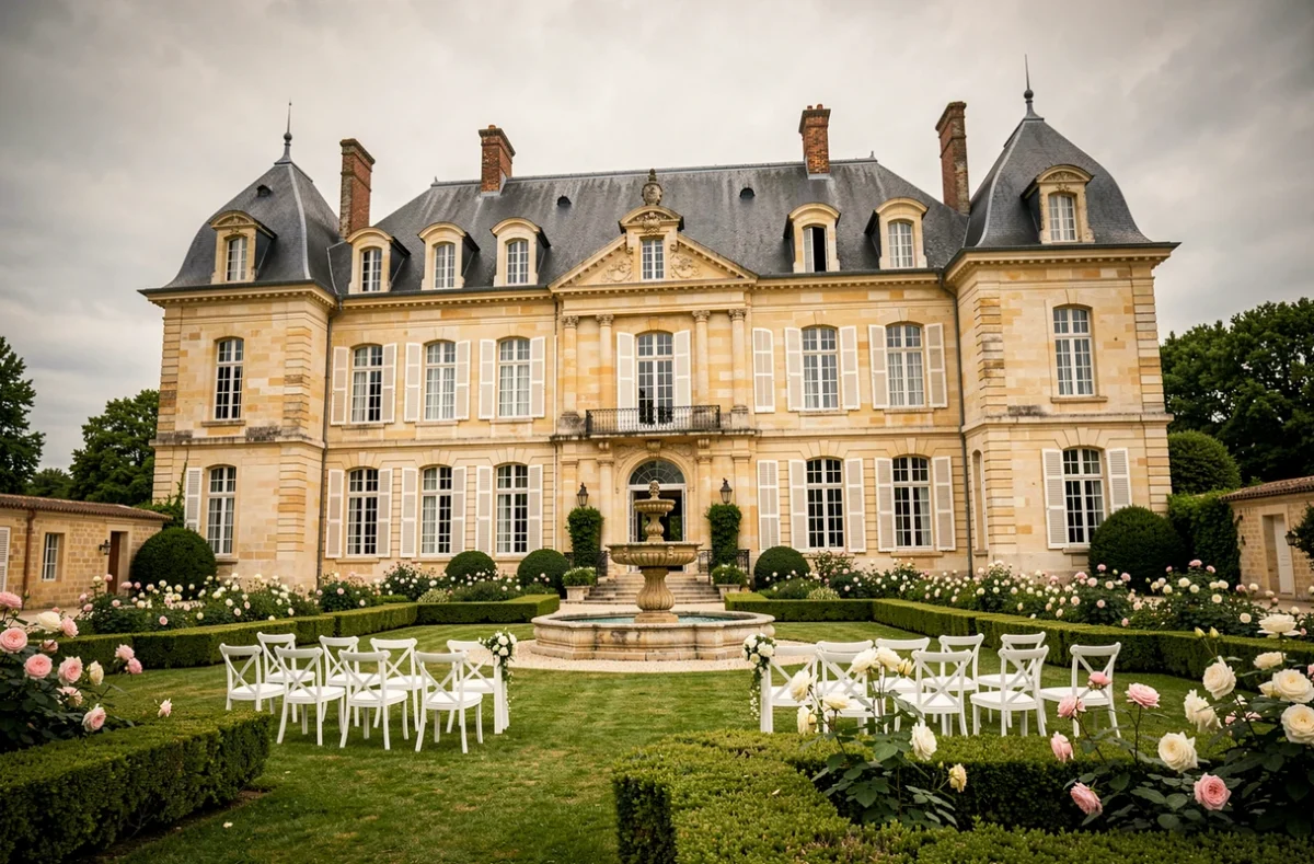 Château Nadal Hainaut avec son architecture classique, ses jardins formels et sa mise en scène de cérémonie de mariage sur pelouse