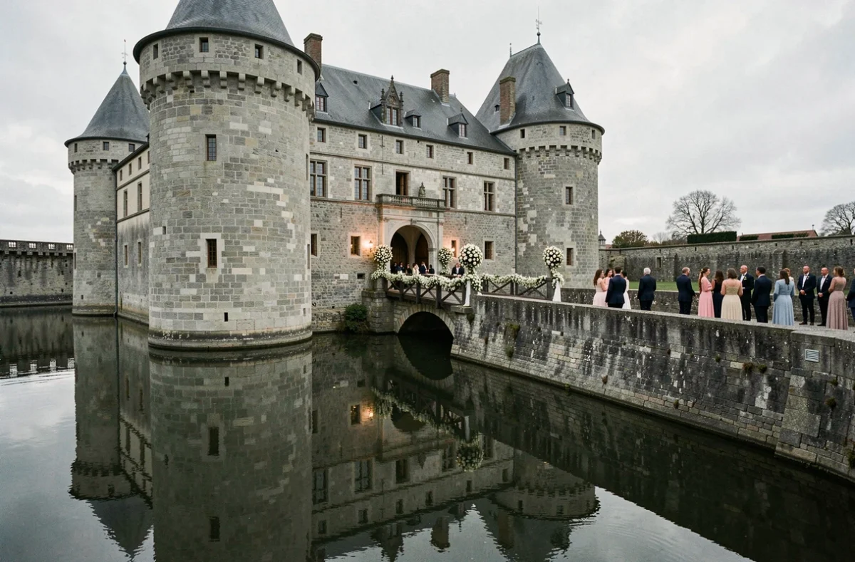Château de Preisch en Moselle avec ses tours médiévales et ses douves en eau pour une réception de mariage