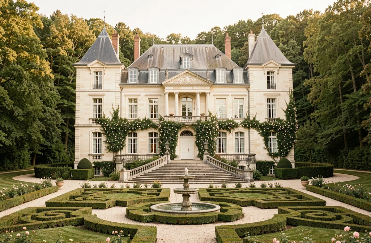Château de Riaucourt en Haute-Marne avec son escalier en pierre et son jardin parterre pour une réception de mariage