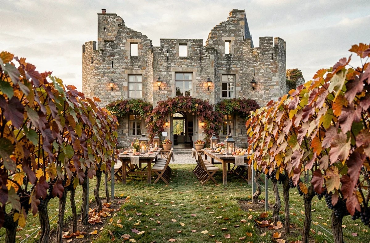 Château de Thanvillé en Alsace intégré dans un vignoble avec une table d'hôtes dressée entre les rangées de vigne