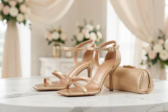 Chaussures dorées à talons pour invitée de mariage posées sur marbre blanc avec pochette élégante