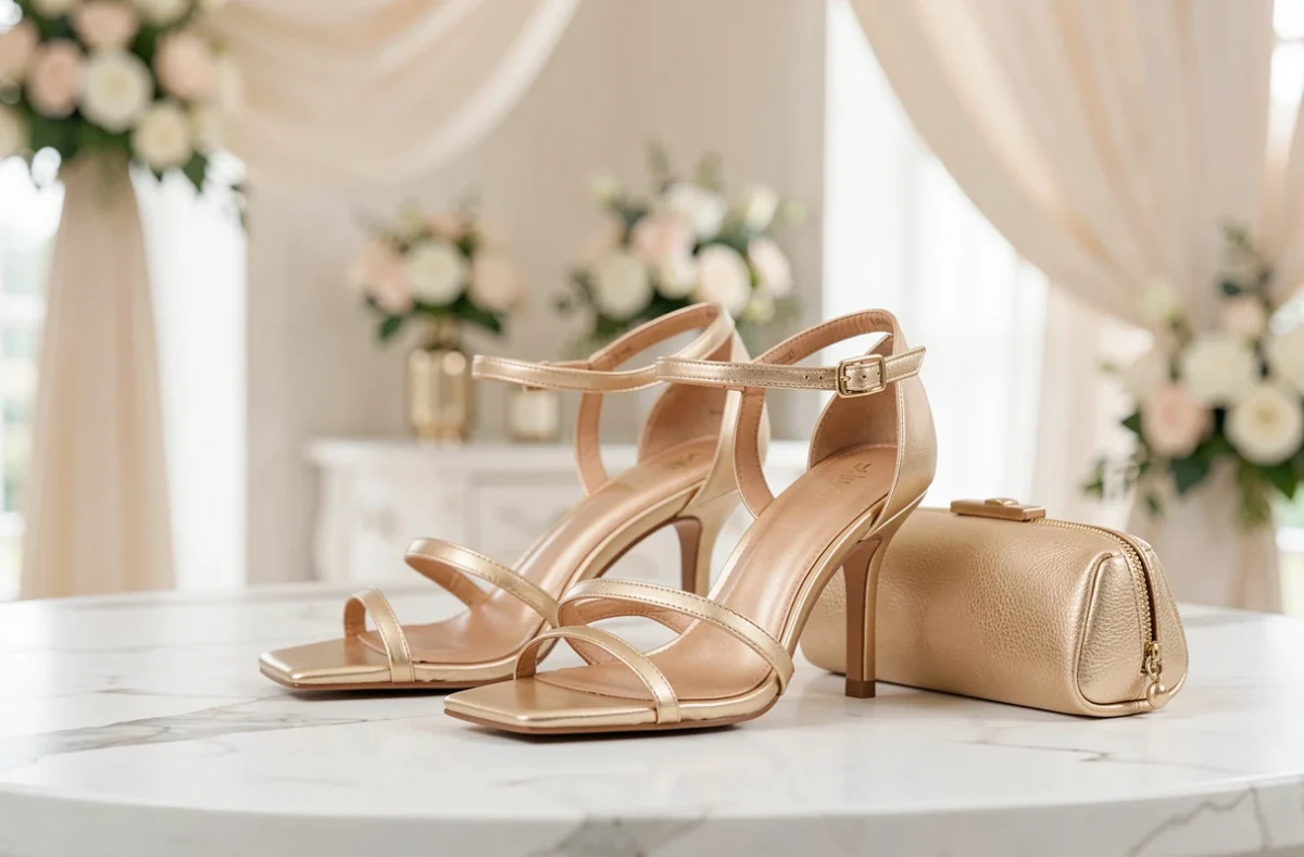 Chaussures dorées à talons pour invitée de mariage posées sur marbre blanc avec pochette élégante