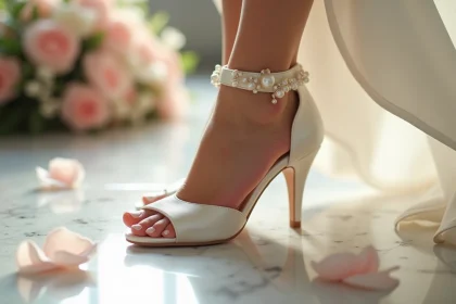 Chaussures de mariée blanches en satin avec brides à la cheville sur sol en marbre, avec semelle gel anti-ampoules visible