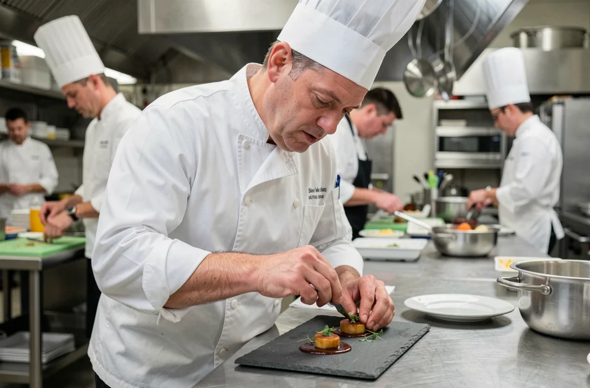 Chef traiteur professionnel dressant une assiette gastronomique dans une cuisine de réception pour un mariage