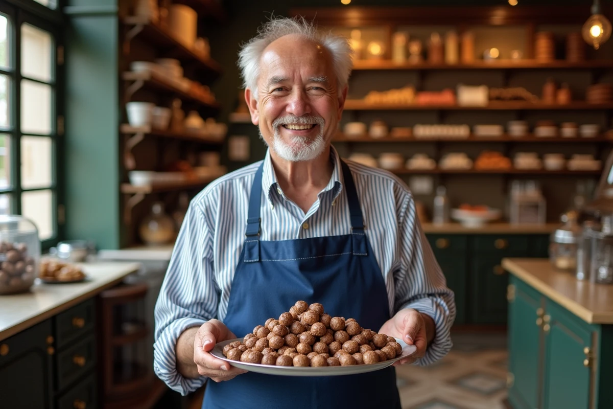 Chocolatier présentant un plateau de dragées dans une pâtisserie