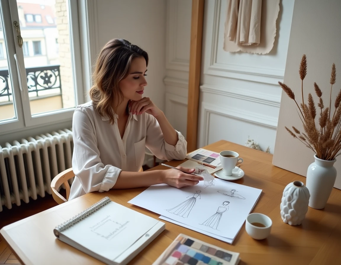 Femme choisissant sa tenue de mariage civil entourée de tissus et de carnets de mode dans un appartement parisien