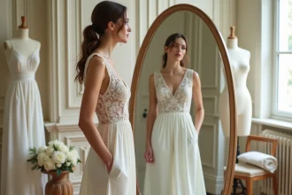 Mariée moderne en combinaison blanche et dentelle se regardant dans un miroir dans un atelier parisien