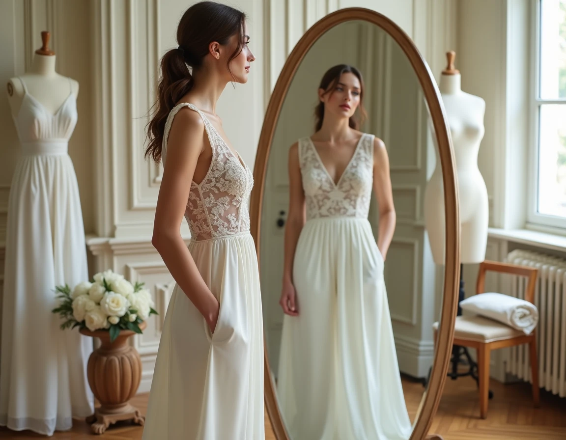 Mariée moderne en combinaison blanche et dentelle se regardant dans un miroir dans un atelier parisien