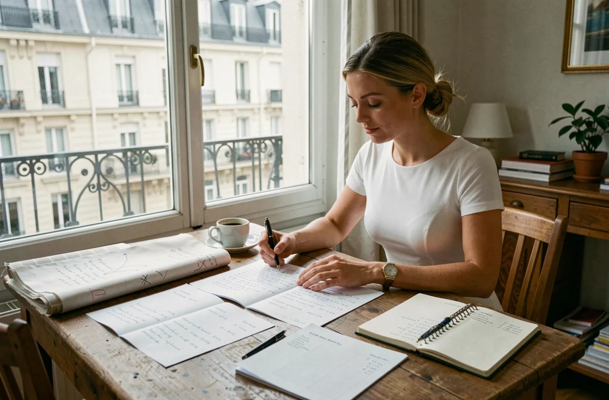 Mariée comparant des devis de retouches de robe de mariée à Paris pour économiser sur les coûts