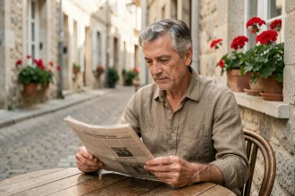 Homme d'âge mûr lisant un journal en terrasse de café dans une rue pavée française, ambiance éditoriale