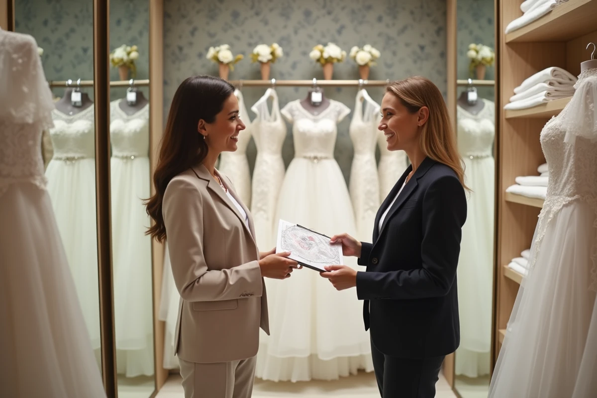 Conseillère en mariage discutant avec une cliente dans une cabine