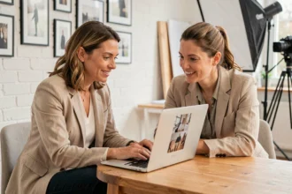 Photographe professionnelle en consultation avec un client dans un studio moderne à Boulogne-Billancourt