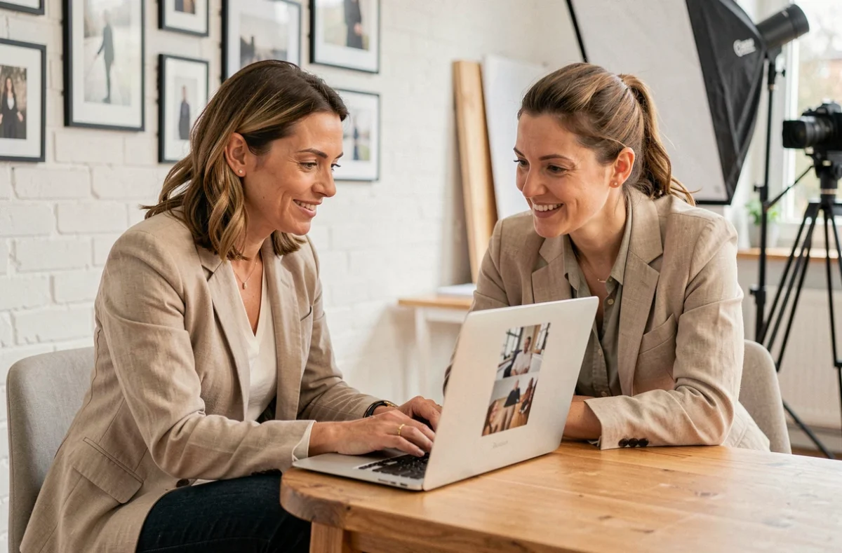 Photographe professionnelle en consultation avec un client dans un studio moderne à Boulogne-Billancourt