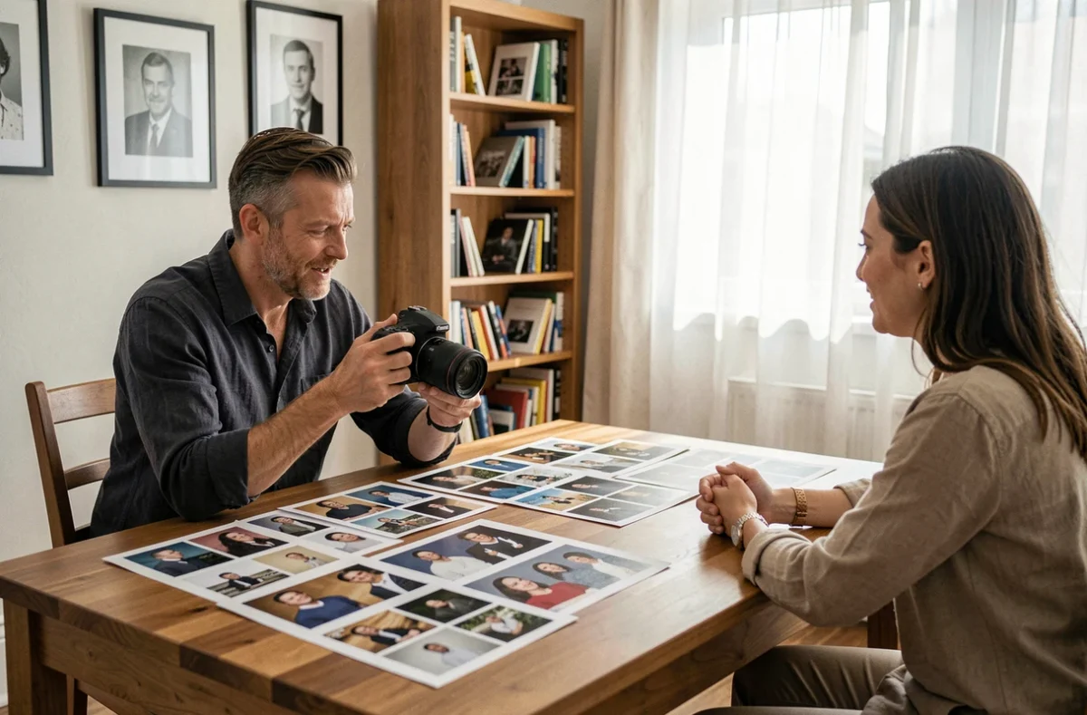 Photographe professionnel présentant son portfolio à un couple lors d'une consultation en studio