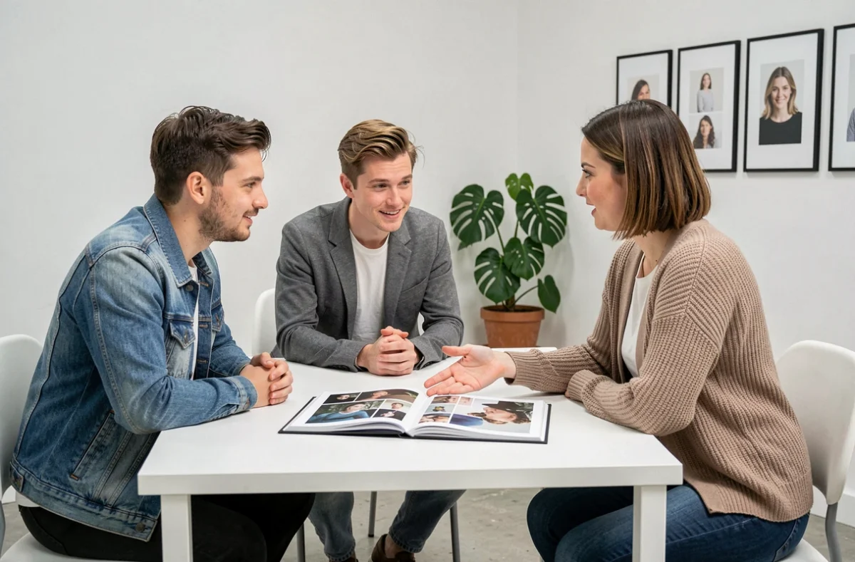 Couple en consultation avec une photographe professionnelle dans un studio moderne à Lannion