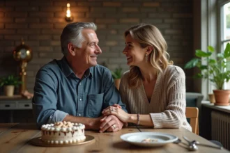 Couple d'âge moyen échangeant un regard chaleureux lors d'un anniversaire