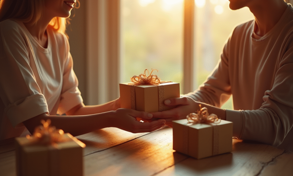 Couple échangeant des cadeaux d anniversaire lumineux