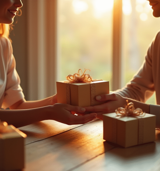 Couple échangeant des cadeaux d anniversaire lumineux