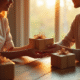 Couple échangeant des cadeaux d anniversaire lumineux