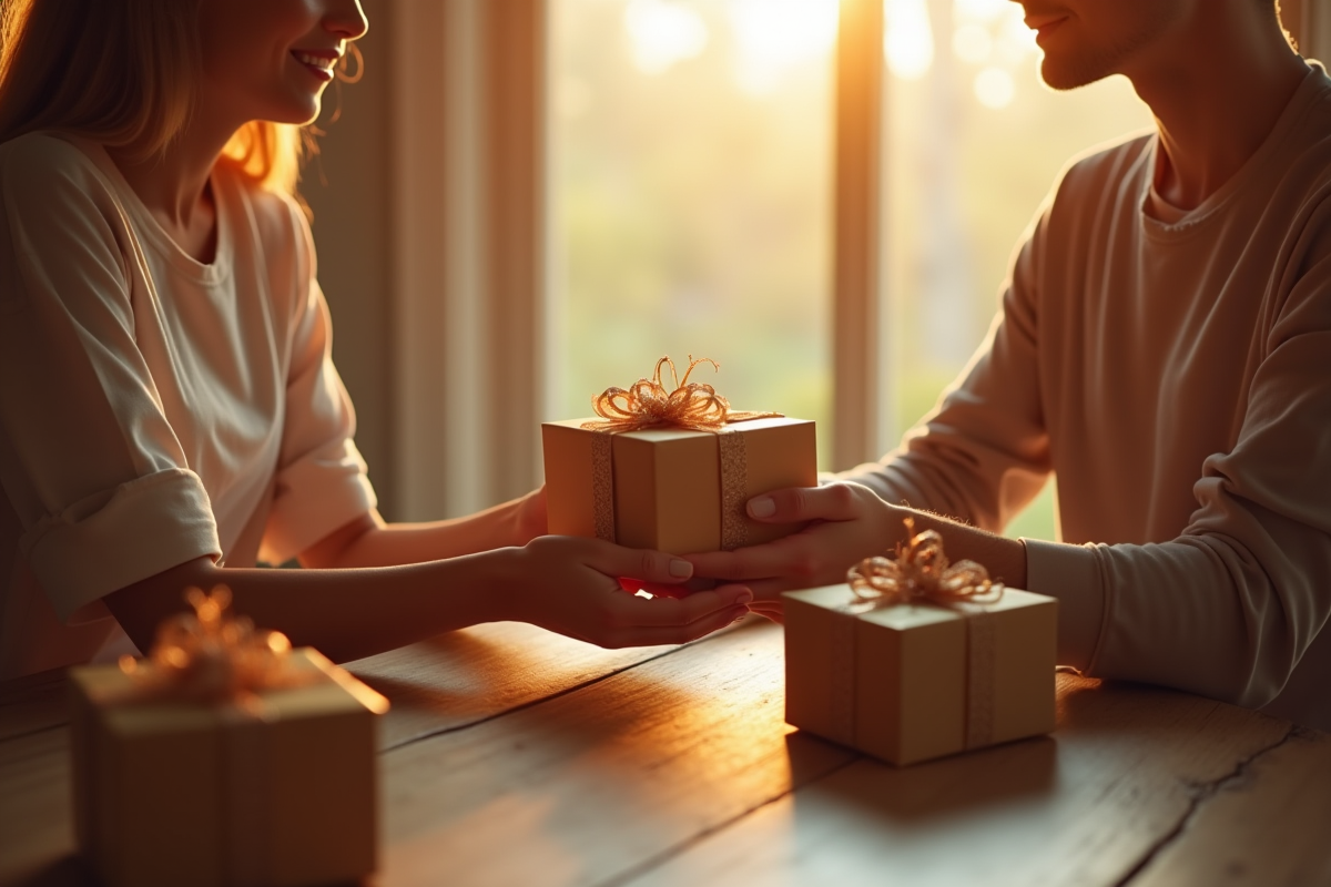 Couple échangeant des cadeaux d anniversaire lumineux