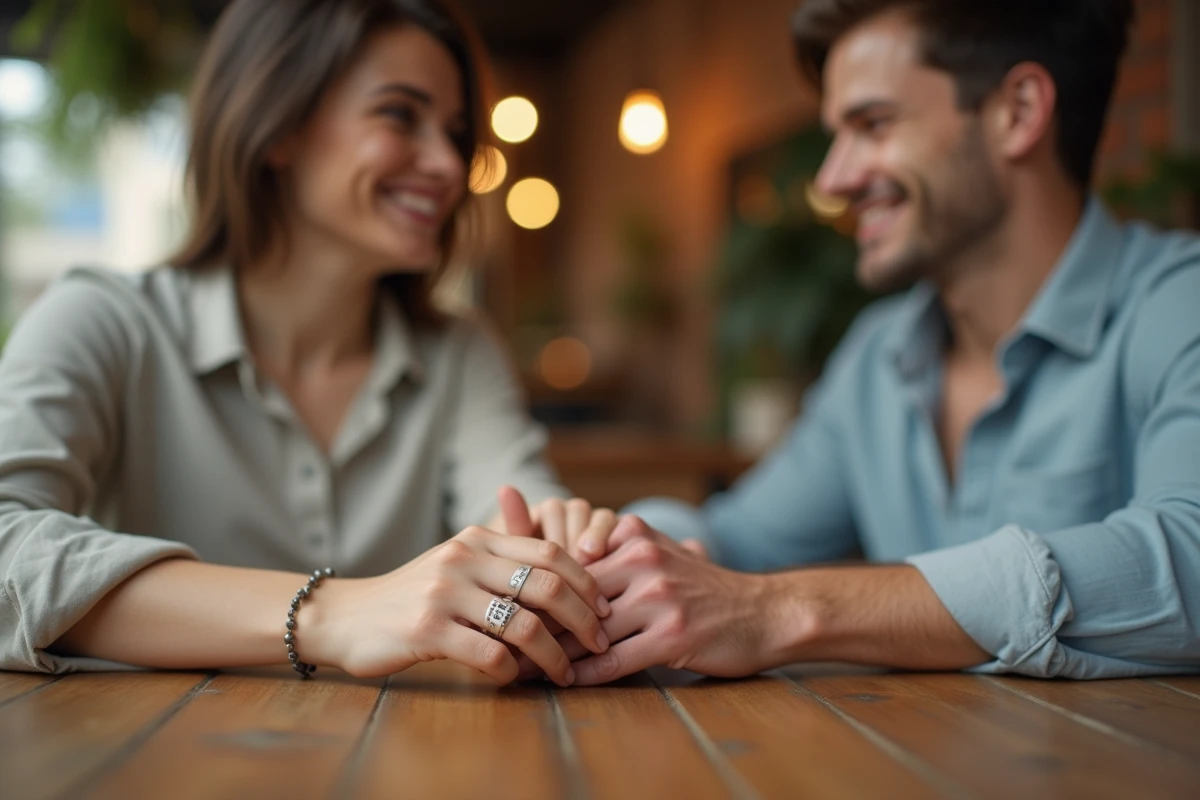 Couple tenant leurs mains jointes dans un café, bagues duo gravées visibles aux doigts, ambiance chaleureuse et authentique