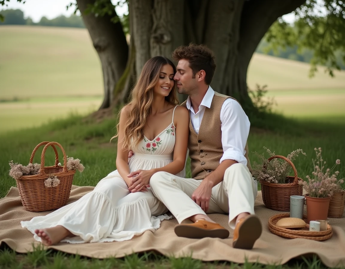 Couple en tenue bohème assis sur une couverture de pique-nique sous un chêne dans un pré, décoration champêtre bohème avec vannerie et couronnes de fleurs séchées